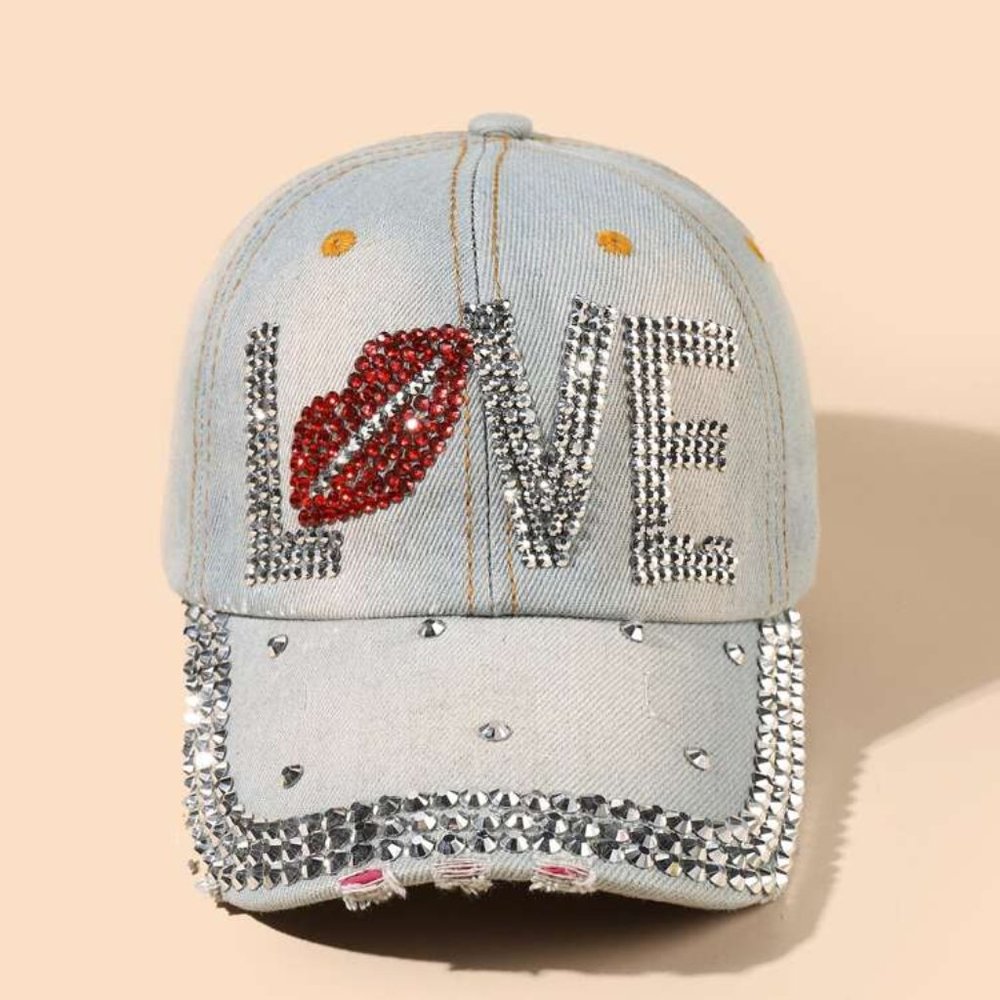 NEW "LOVE" RHINESTONE EMBELLISHED DISTRESSED DENIM BB CAP / ***2 CAPS FOR $25***